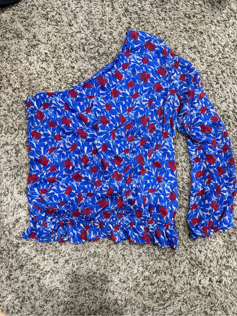 Lucky Brand Blue One-Shoulder Floral Top with Red Accents